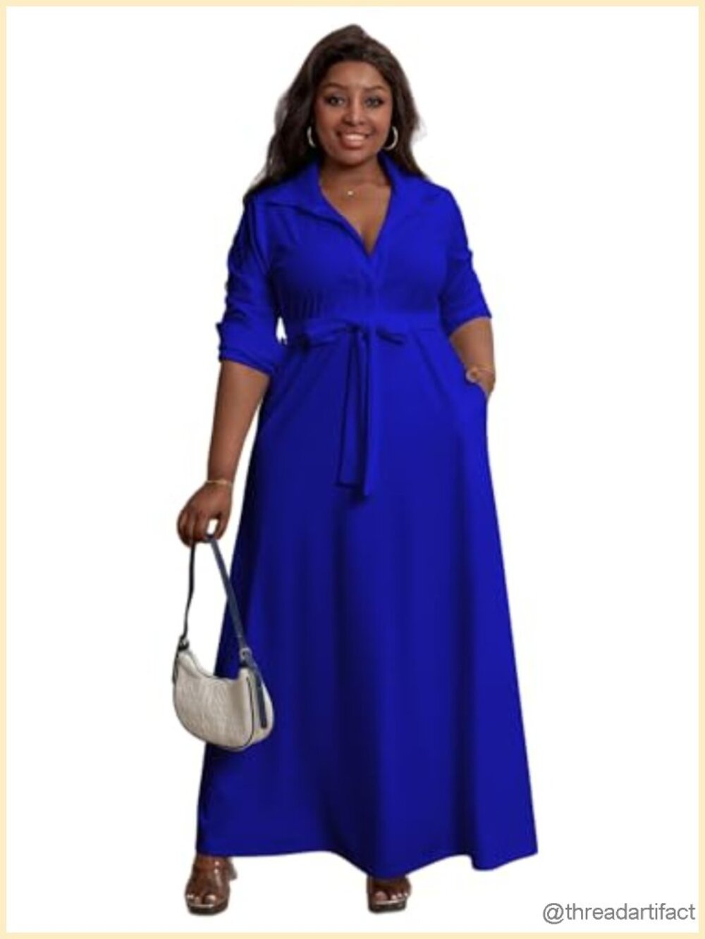 Plus Size Maxi Shirt Dress with Belt - Collared V-Neck, Button Front, Long
